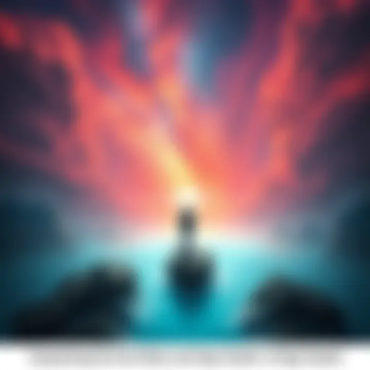 A surreal representation of ego dissolution, featuring a person standing at the edge of a vast cosmic landscape, symbolizing the balance between enlightenment and despair.