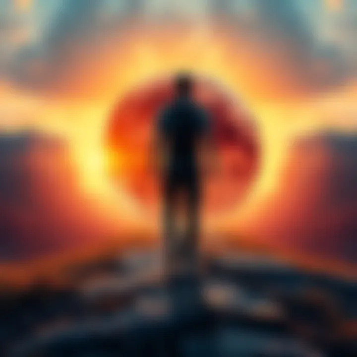 A person standing at a crossroads, contemplating risk and adventure amidst a backdrop of vibrant landscapes, symbolizing the balance between fear and aspiration.