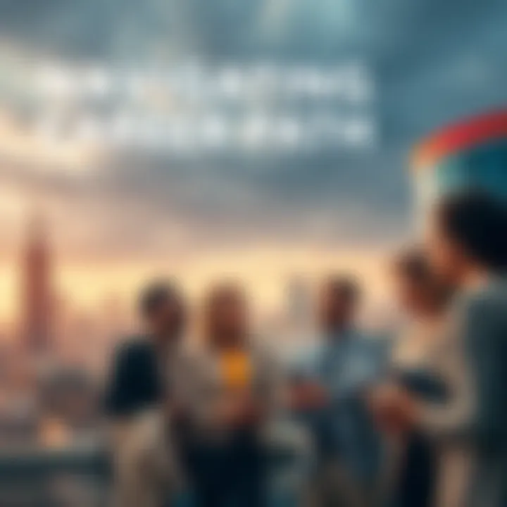 A diverse group of professionals discussing their career choices amidst a cityscape