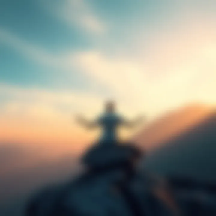 A serene image depicting the struggle between letting go and standing up, showcasing a person in a meditative pose against a backdrop of contrasting landscapes.