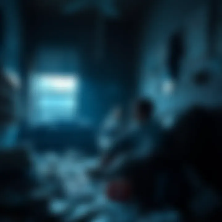 A person sitting in a dimly lit room surrounded by bills, textbooks, and a broken car in the background, conveying the heaviness of life's challenges.