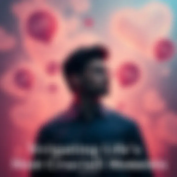 A contemplative young man contemplating life-changing decisions with marriage and GRE symbols around him.