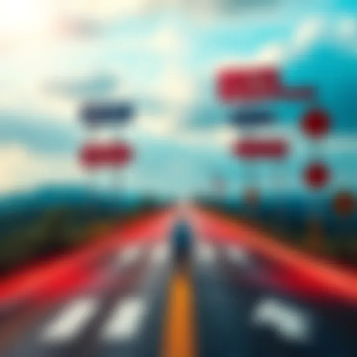 A person standing at a crossroads symbolizing the challenges of modern life with various signs indicating stressors like work, social media, and expectations.