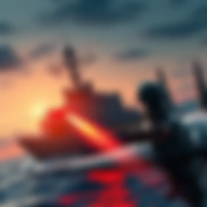 A UK Navy destroyer equipped with the DragonFire laser system targeting a high-speed drone in the sky.