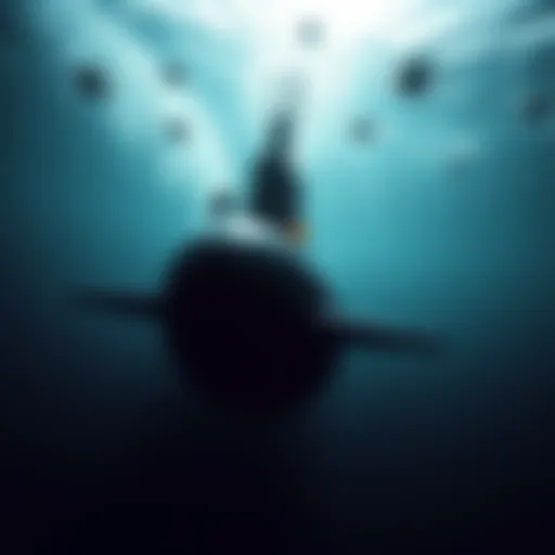 A Navy submarine underwater with radar equipment tracking large Unidentified Submerged Objects in the ocean depths.