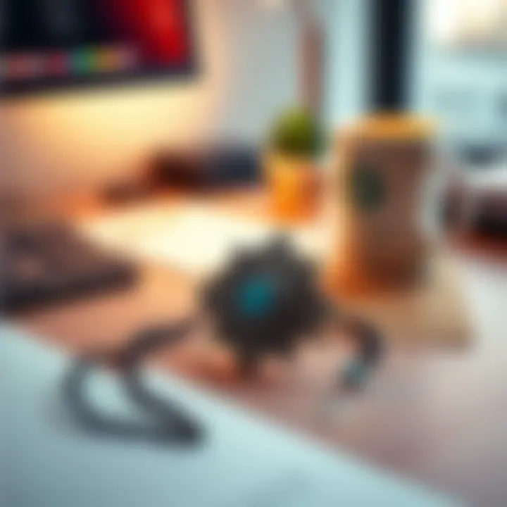 A Nazar amulet resting on an office desk, symbolizing protection from the evil eye, beside a computer and a coffee mug.