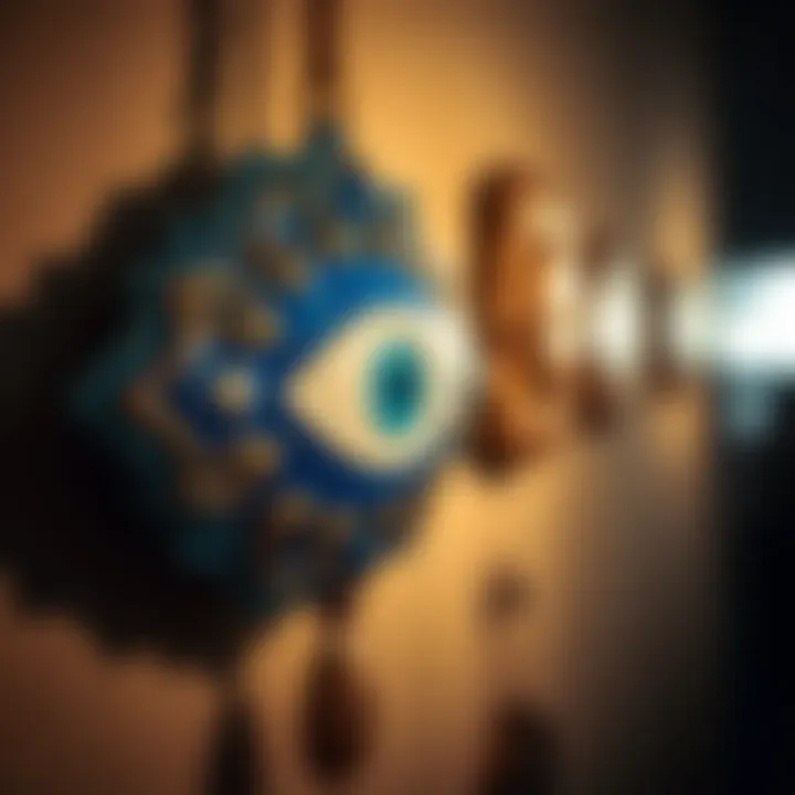 A close-up of a blue Nazar talisman hanging on a wall, symbolizing protection against the evil eye, with intricate designs visible.