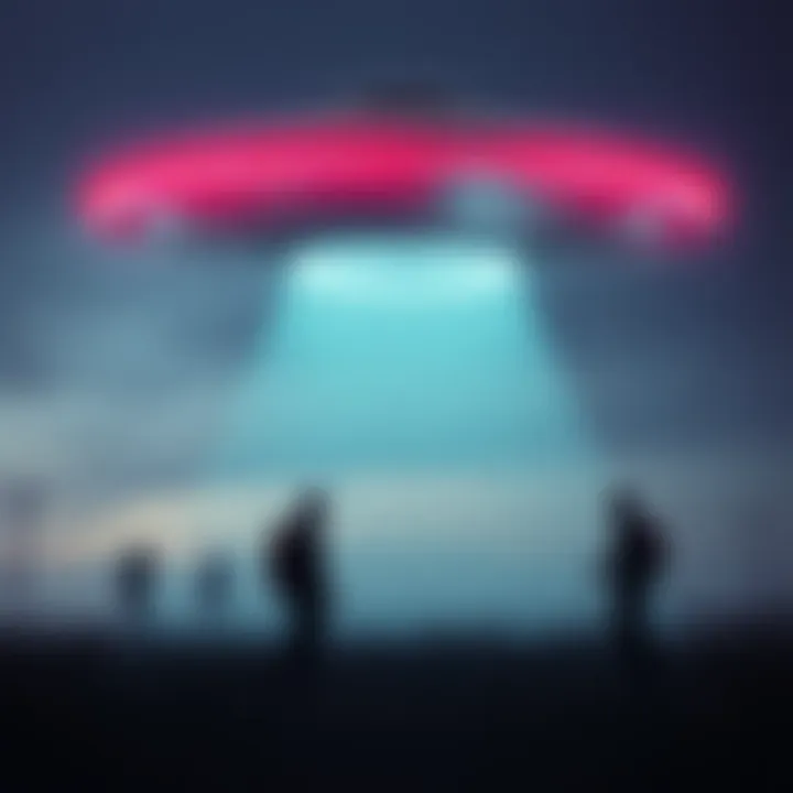 Concept art showing a futuristic Nazi flying saucer and soldiers near a mysterious object