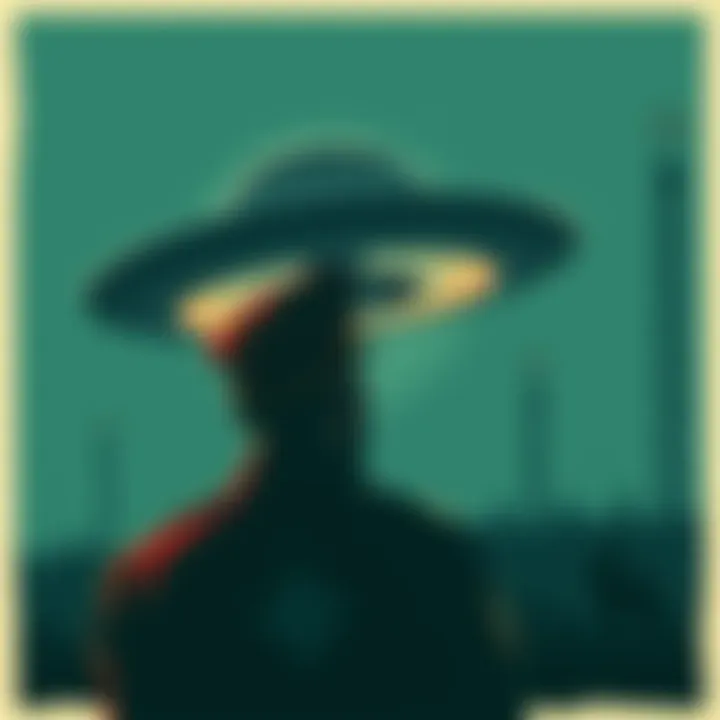 A vintage-style illustration depicting a Nazi officer looking at a flying saucer in a dark sky, symbolizing the Third Reich's interest in alien technology.