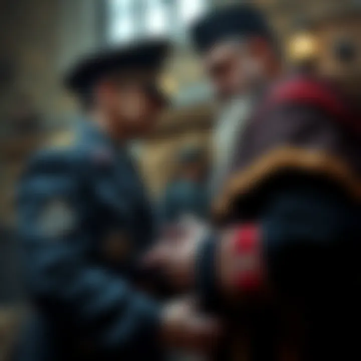 A historical depiction of a Nazi soldier confronting a Freemason in an old setting, highlighting their ideological clash.