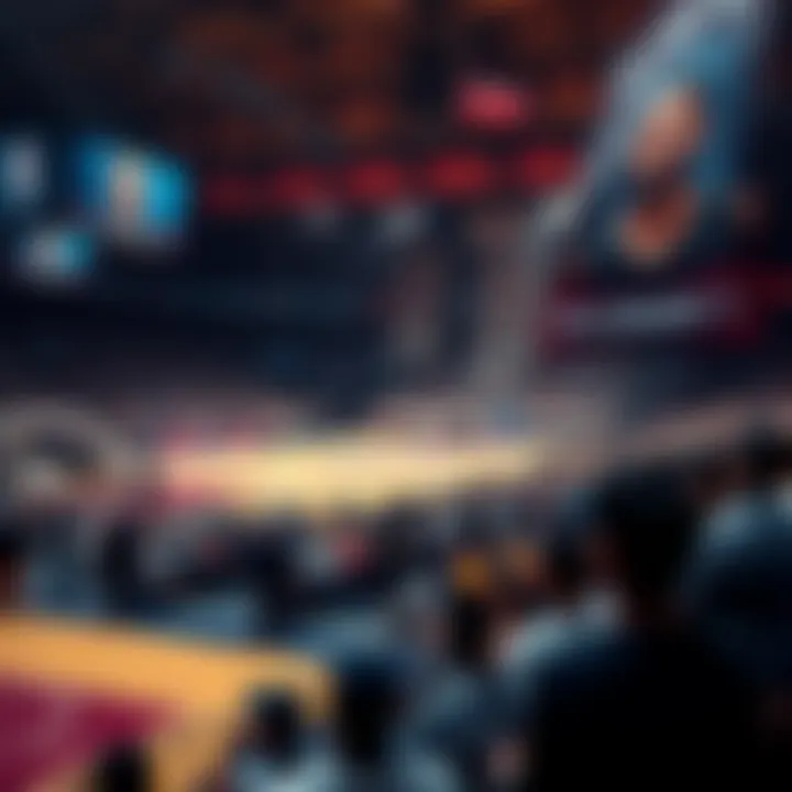 A basketball court with a worried crowd in the stands, banners showing Steve Ballmer and Kawhi Leonard's images, reflecting tension in the NBA.