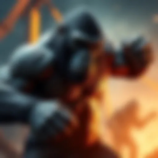 A powerful Neanderthal figure showcasing muscular physique and features resembling both aliens and gorillas, against a backdrop of early human evolution