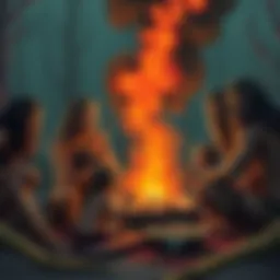 Illustration of Neanderthals around a fire, with a focus on women and children, hinting at cannibalistic practices