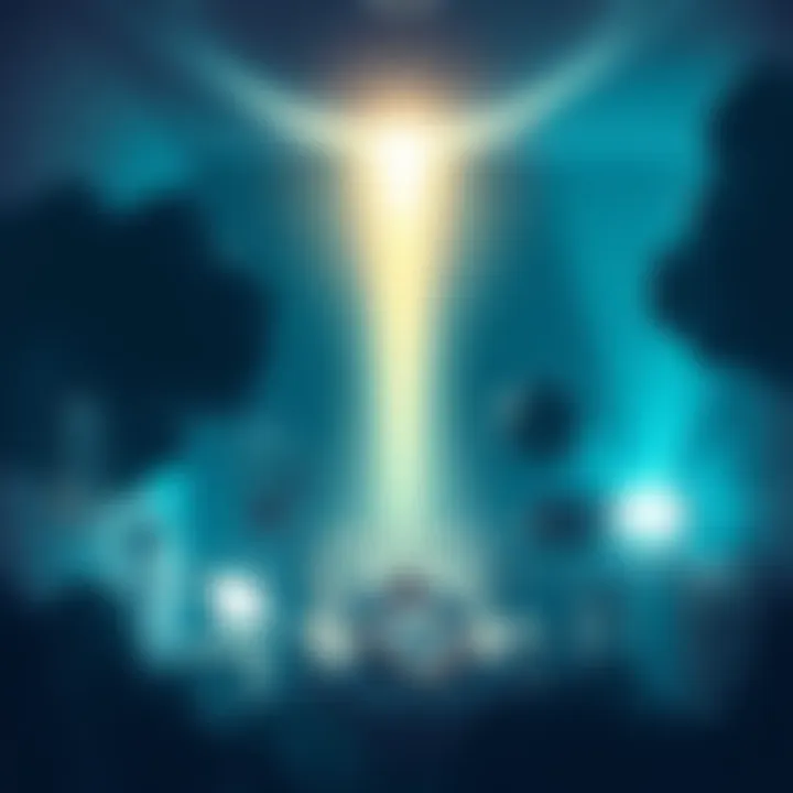 A light-filled scene depicting a person floating above their body in a hospital room, surrounded by a soft glow and abstract shapes representing consciousness, dreams, and dark matter.