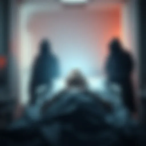 A serene scene showing a person in a hospital bed surrounded by a soft light, symbolizing a near-death experience. Their face expresses peace, while shadowy figures stand in the background, representing conflicting narratives about life and death.