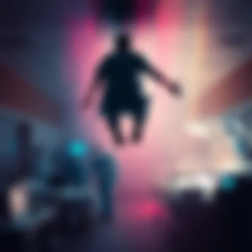 An individual floating above their body in a hospital room, witnessing medical staff working frantically below, embodying the phenomenon of NDEs.