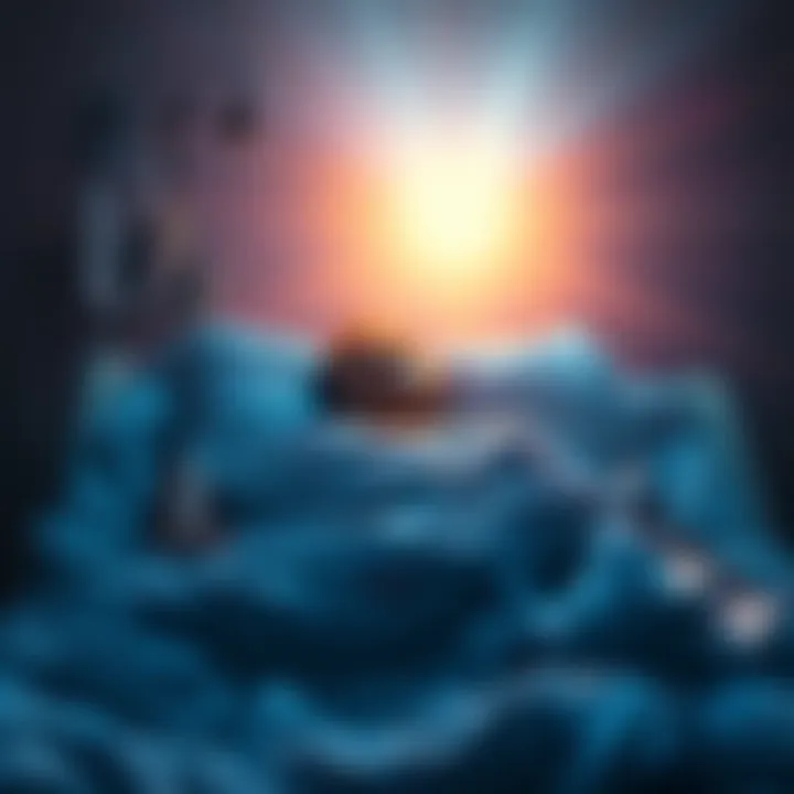 A person lying on a hospital bed, surrounded by a soft glow, with visions of light and calmness around them