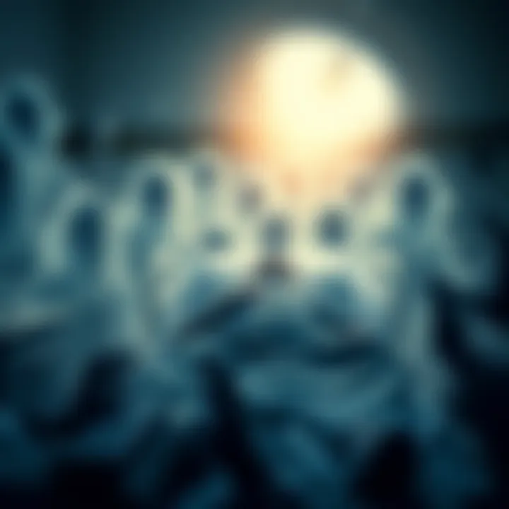 Person experiencing near-death experience A person lying on a hospital bed with a bright light above, surrounded by faint, ghostly figures, representing a near-death experience.