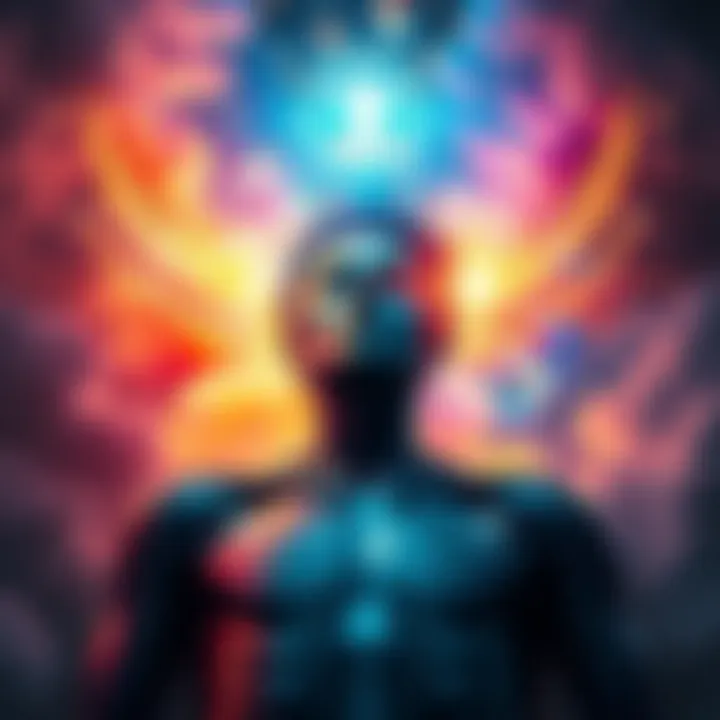 Colorful representation of a near-death experience An artistic depiction of a near-death experience showing vibrant colors and strange imagery, symbolizing different spiritual elements