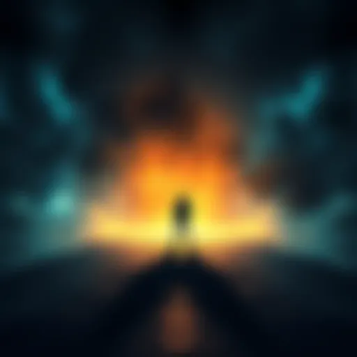 A person standing at a crossroads, contemplating the afterlife, surrounded by dim light and shadows.