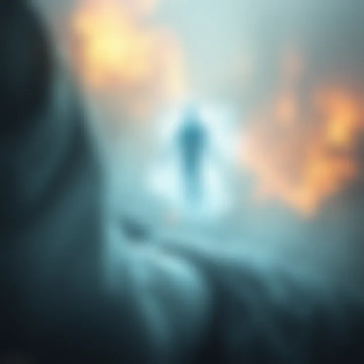 A serene scene depicting a person hovering above their body with light surrounding them, symbolizing near-death experiences and ghostly encounters.