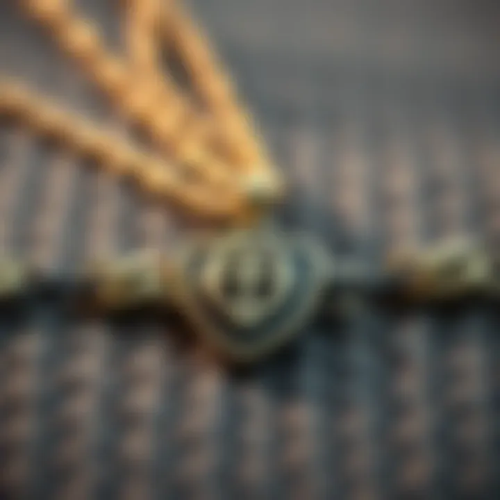 A close-up of a necklace featuring a shield design, representing love and support, resting on a textured surface
