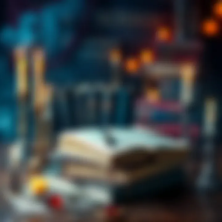 A collection of necromancy books displayed on a wooden table with candles and mystical symbols around them.