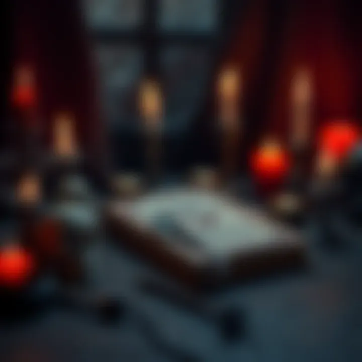 Necromancy Symbols and Tools A collection of necromancy symbols and tools like candles, skulls, and a spellbook on a dark table