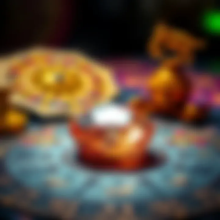 A close-up of a sparkling Neelam Stone placed next to astrological symbols on a table.
