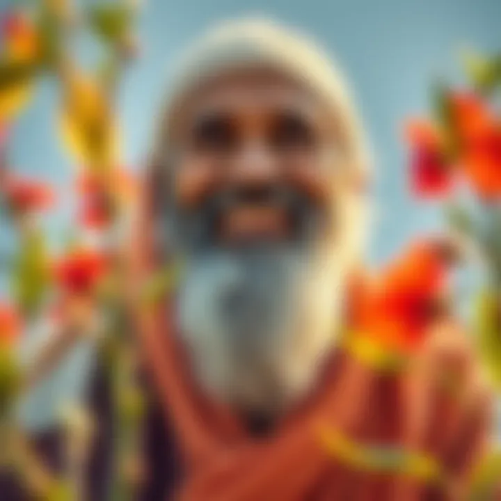 A serene image of Neem Karoli Baba with a gentle smile, surrounded by nature, symbolizing love and compassion.