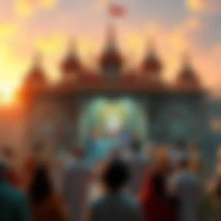 A peaceful scene at Neem Karoli Baba Mandir with devotees chanting and reflecting