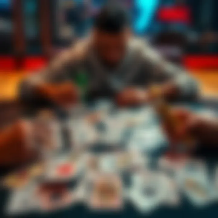 A player strategizing with negative cards spread out on a table, revealing a mix of traditional playing cards, while considering their pros and cons.