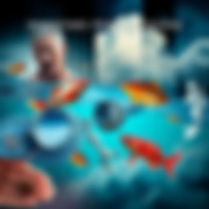 Negative Perceptions of Pisces A collage showing different negative stereotypes about Pisces, such as emotional instability and criticism, represented through symbolic imagery like water, fish, and stormy clouds.