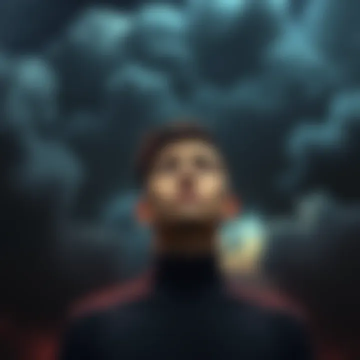 A person looking worried and lost in thought, surrounded by dark clouds representing negativity.