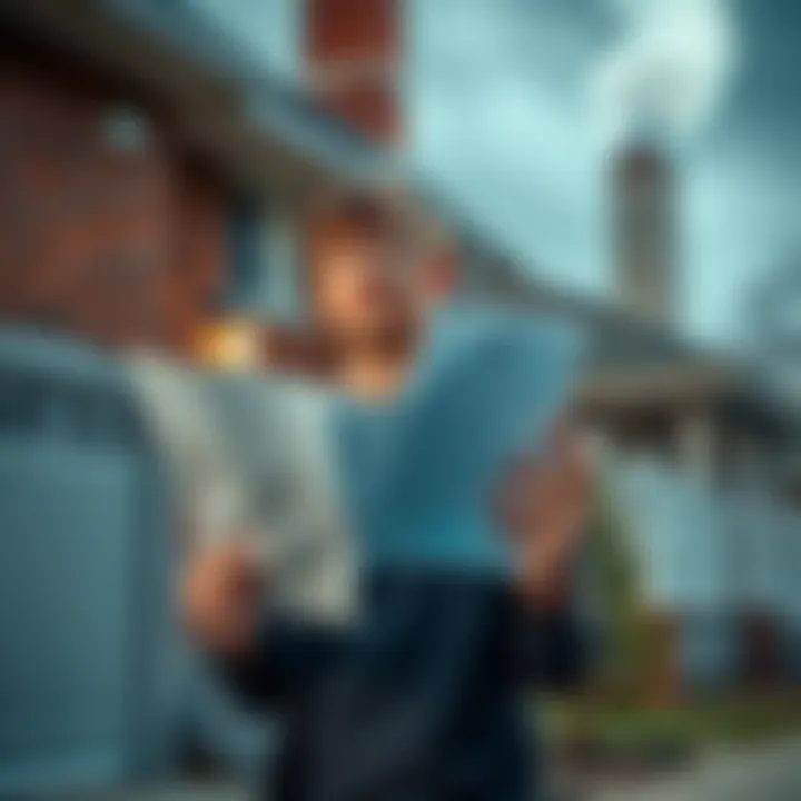 A person standing outside their home holding a complaint letter about weed smoke, looking frustrated. Another house with smoke coming from a chimney is visible in the background.