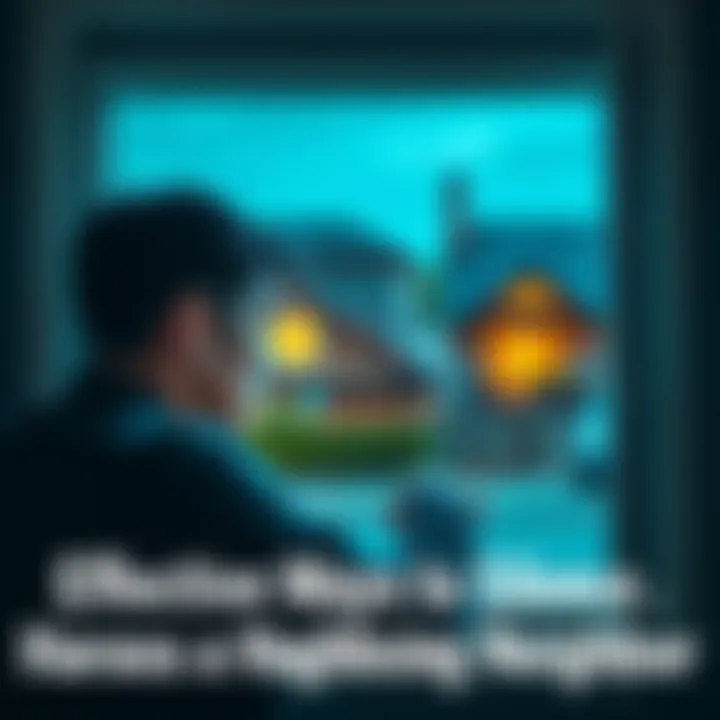 A worried person looking out of their window, glancing at a neighbor's house with a concerned expression, symbolizing conflict and harassment.