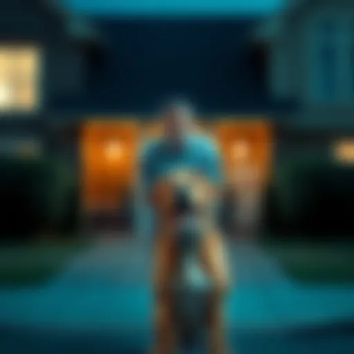 A concerned man stands in shock as he watches his neighbor with a dog, showing a tense moment of confrontation.