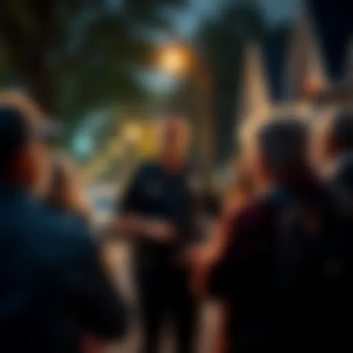 A group of neighborhood watch members discussing safety concerns, with a police officer present, highlighting community and law enforcement interaction.