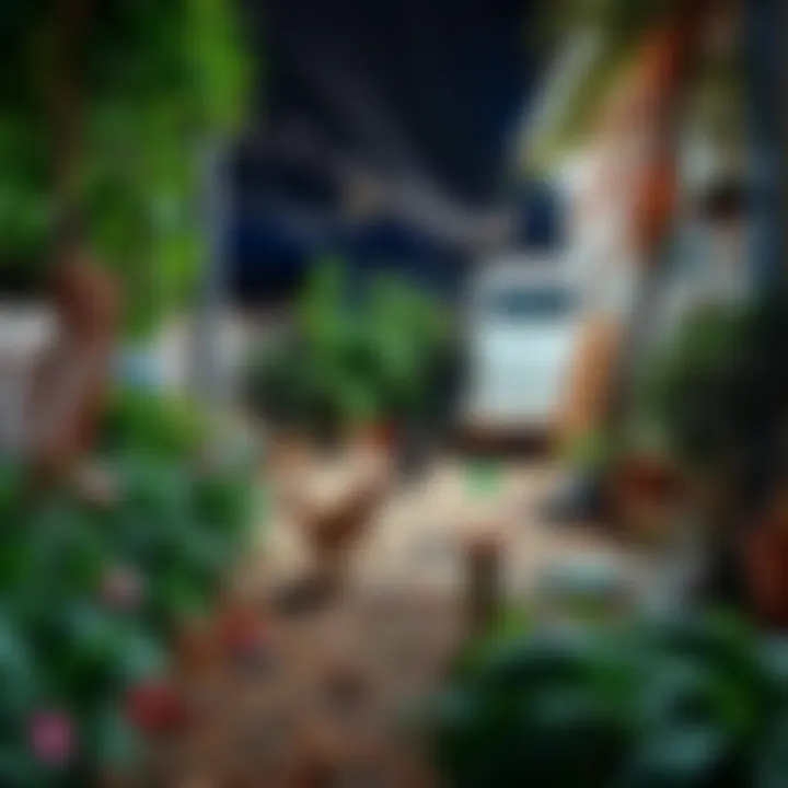 A messy backyard with overgrown plants and several cats roaming around at night