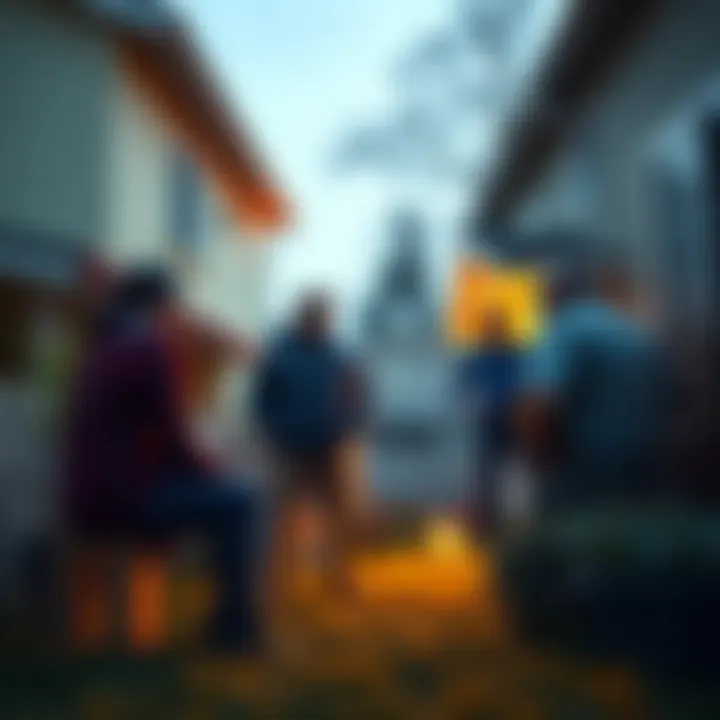 A group of neighbors talking in a front yard, aiming for a peaceful resolution