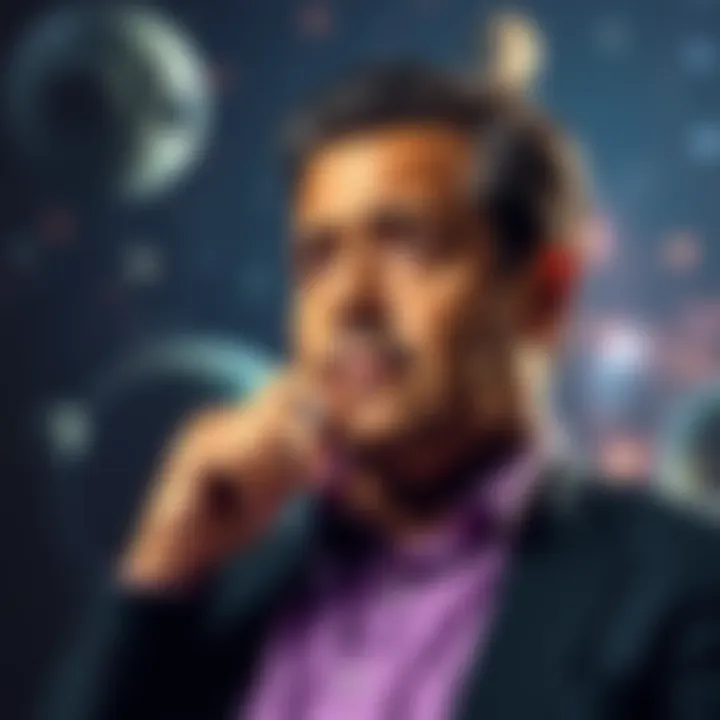 Astrophysicist Neil deGrasse Tyson pondering his question for alien life, with a cosmic background of stars and planets.