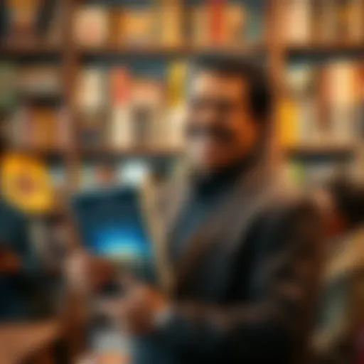 Neil DeGrasse Tyson stands in front of a bookshelf holding his new book, smiling and engaging with an audience at a promotional event