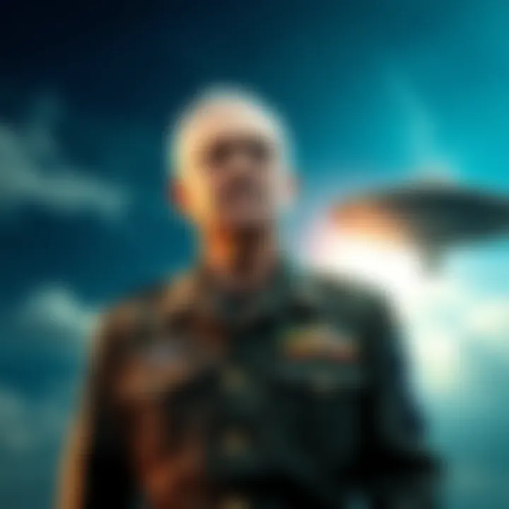 Former Major General Neil McCassland standing in a military uniform, looking concerned with a backdrop of a UFO in the sky, symbolizing his connections to UFO research.