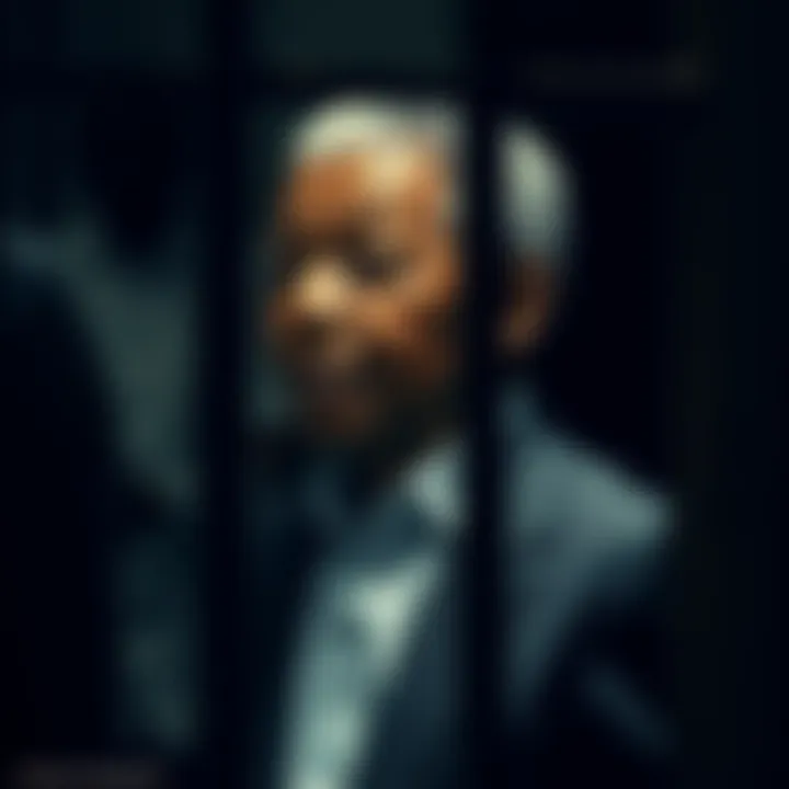 A depiction of Nelson Mandela in a prison cell, reflecting on his life and the misconception of his death in the 1980s, with shadows and bars in the background.