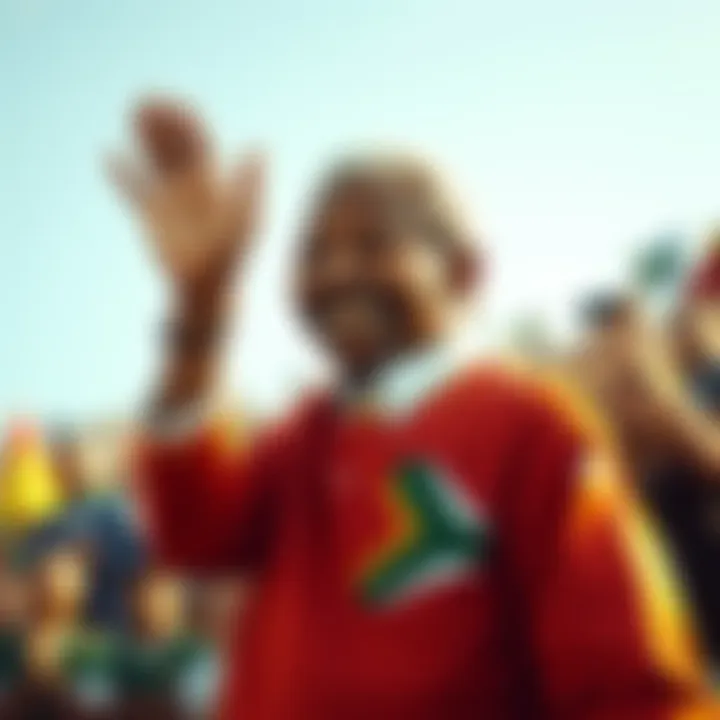 Nelson Mandela at the 2010 Soccer World Cup Nelson Mandela smiling and waving during the 2010 Soccer World Cup in South Africa, surrounded by soccer fans