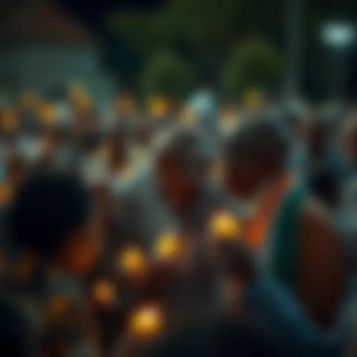 A crowd gathers to remember Nelson Mandela, holding candles and signs in tribute, reflecting on his impact on history.