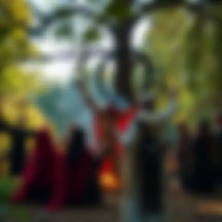A group of people participating in a neo-pagan ritual outdoors, surrounded by trees and nature, focusing on personal connections and contemporary practices.