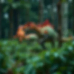 A group of colorful neodinosaurs with unique features exploring a lush green forest