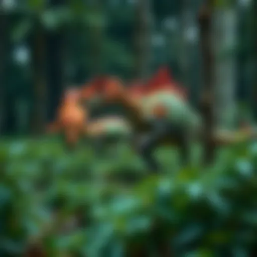 A group of colorful neodinosaurs with unique features exploring a lush green forest