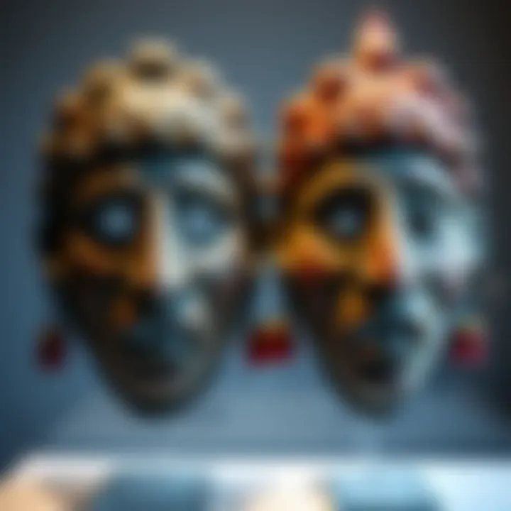 Ancient Neolithic Spirit Masks Two Neolithic spirit masks displayed side by side, showcasing their unique designs and textures, reflecting ancient artistic traditions.